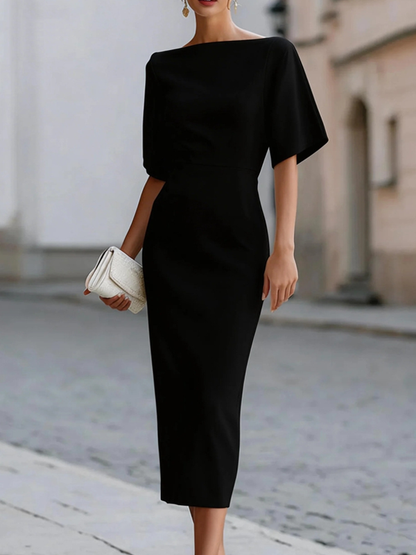 Elegant Sheath Midi Dress for Women with Boat Neck Flutter Sleeve Bodycon Formal Style