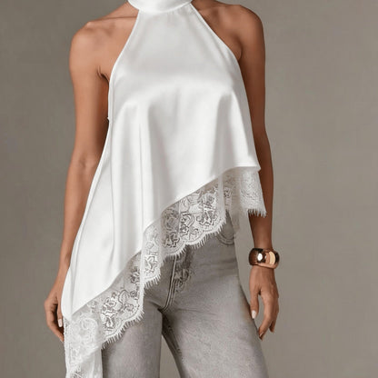 Elegant Satin Lace Trim Blouse for Women with Halter Neck Sleeveless Asymmetric Hem Silky Style