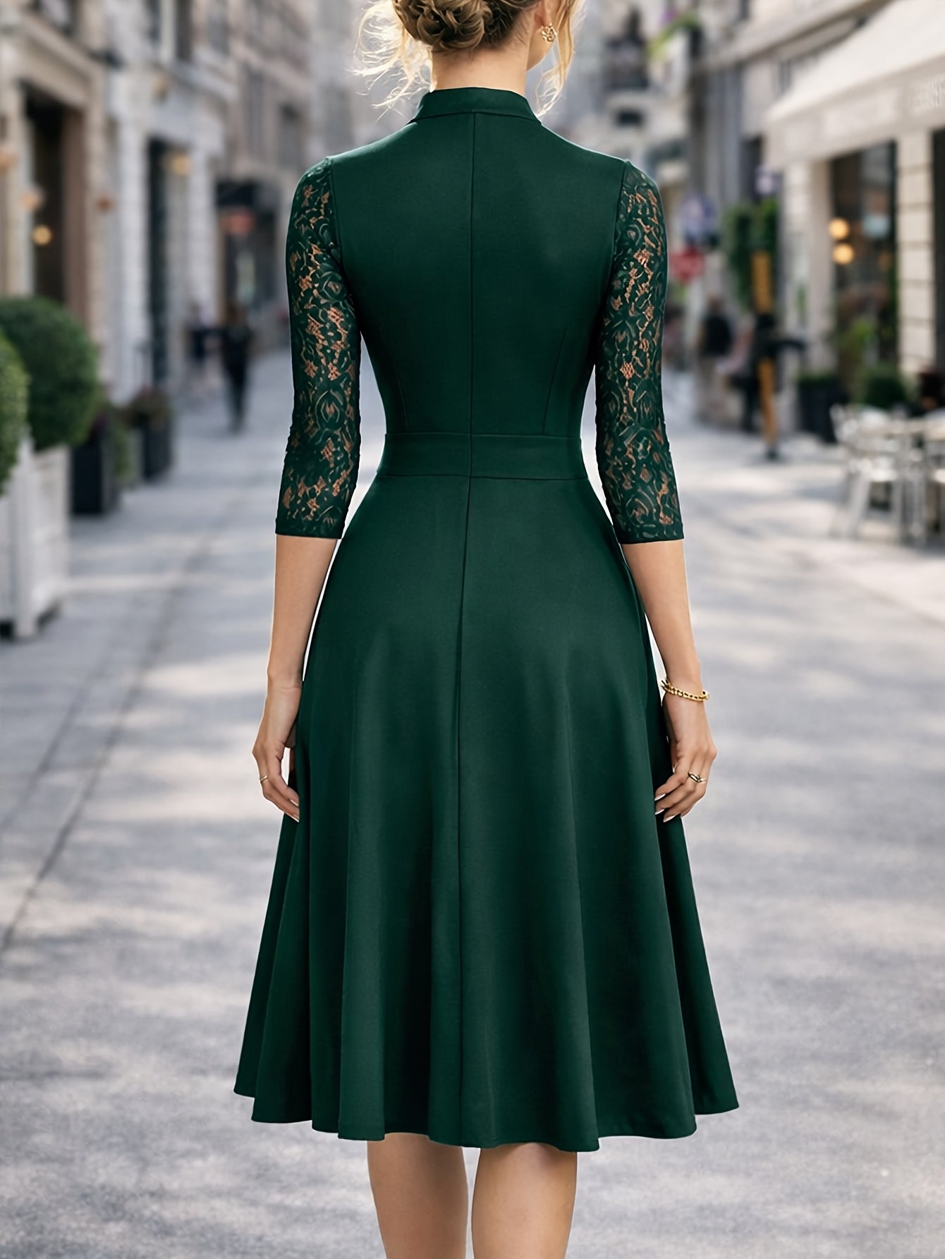 Elegant Lace Trim Midi Dress for Women with Notch V Neck Elbow Sleeve Fit and Flare Cocktail Style