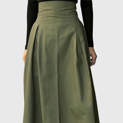 Elegant Green Midi Skirt for Women with High Waist A Line Pleated Wrap Front Casual Style