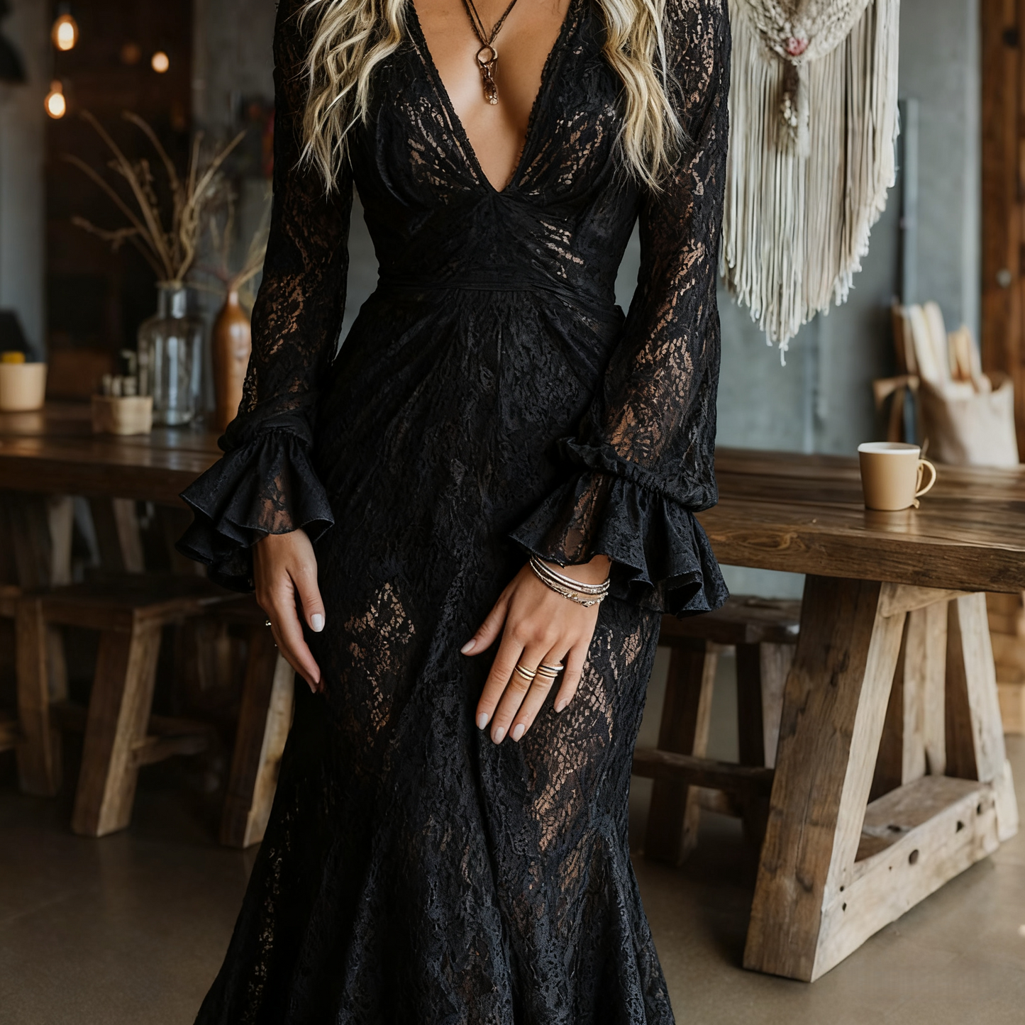Elegant Black Lace Maxi Dress for Women with V Neck Bell Sleeve Sheer Bohemian Style
