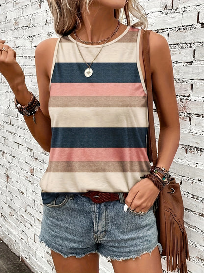 Effortless Multicolor Striped Tank Top for Women with Crew Neck Sleeveless Relaxed Casual Style