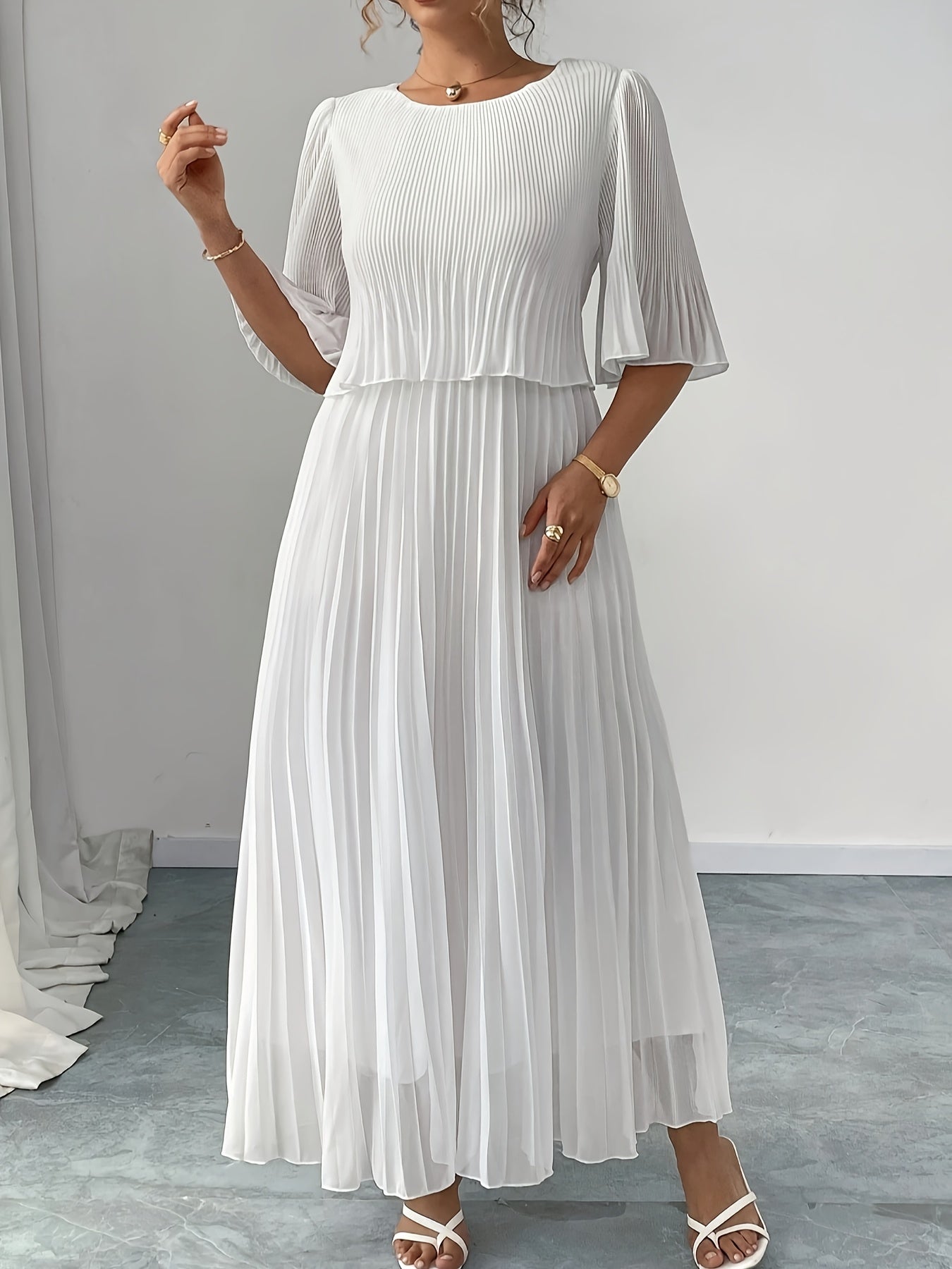 Elegant White Chiffon Maxi Dress for Women with Batwing Sleeve Pleated Skirt Formal Wedding Guest Style
