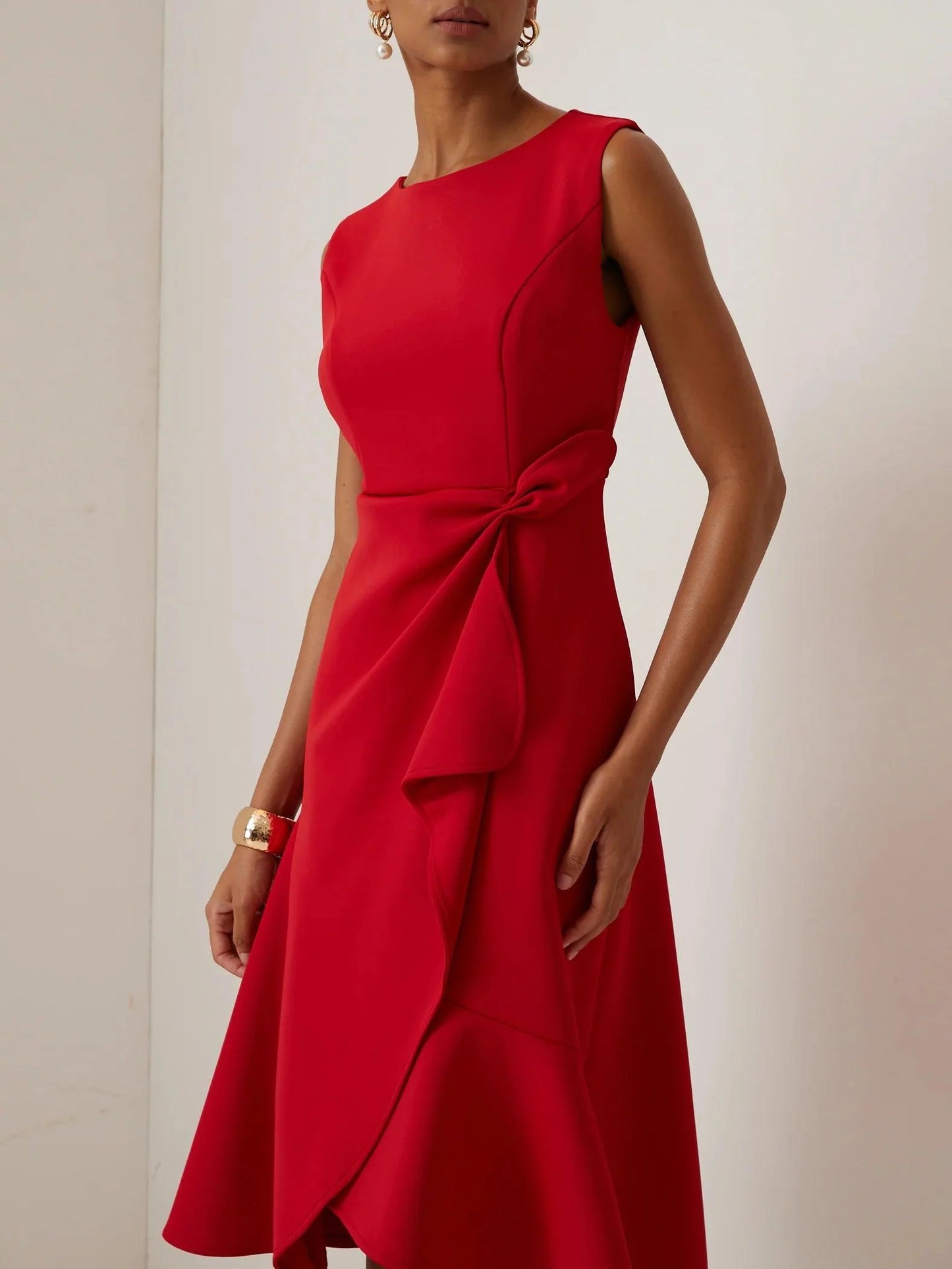 Elegant Draped Midi Dress for Women with Round Neck Sleeveless Asymmetrical Ruffle Flowing Style