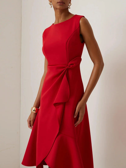Elegant Draped Midi Dress for Women with Round Neck Sleeveless Asymmetrical Ruffle Flowing Style