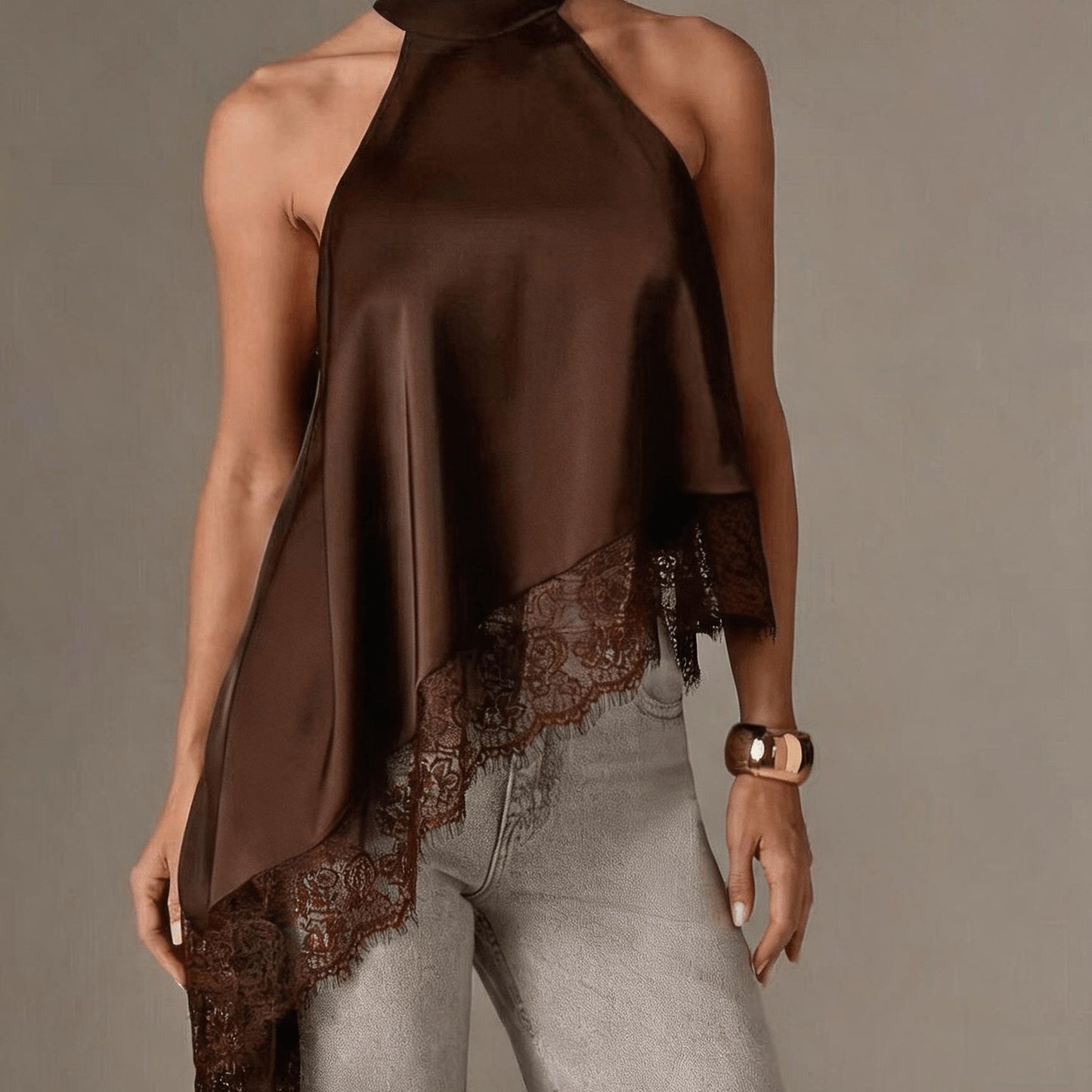 Elegant Satin Lace Trim Blouse for Women with Halter Neck Sleeveless Asymmetric Hem Silky Style