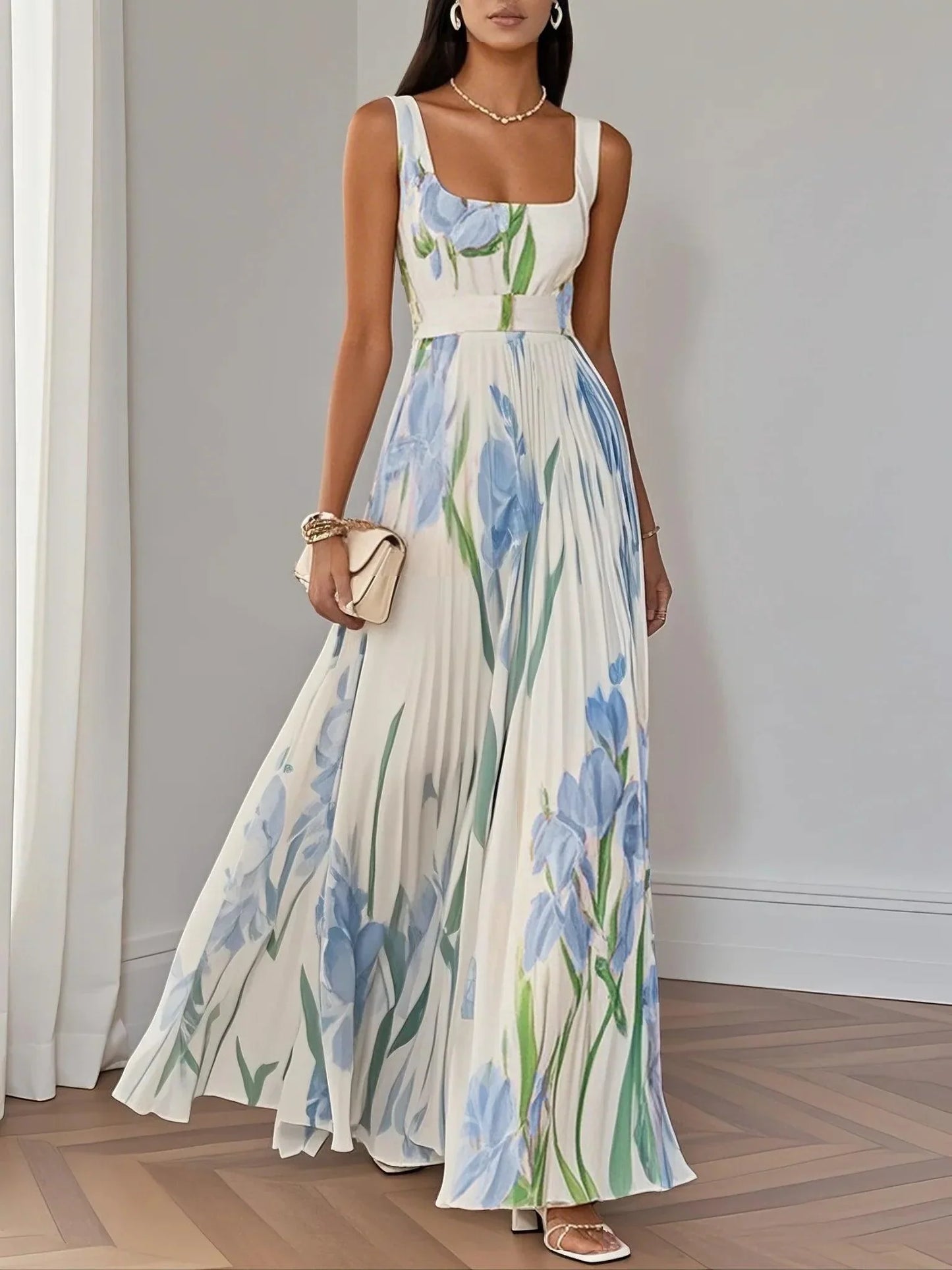 Elegant Floral Maxi Dress for Women with Square Neck Sleeveless Pleated Flowing Wedding Guest Style