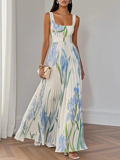 Elegant Floral Maxi Dress for Women with Square Neck Sleeveless Pleated Flowing Wedding Guest Style