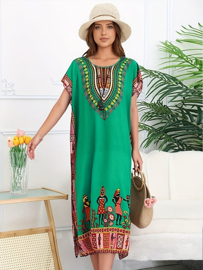 Effortless Dashiki Print Kaftan Dress for Women with V Neck Short Sleeve Relaxed Bohemian Style
