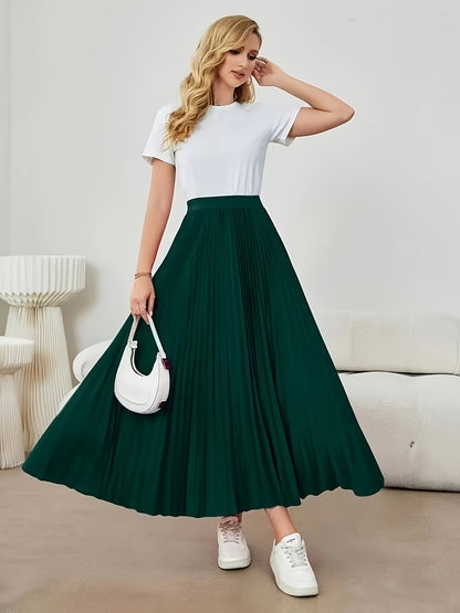 Elegant Dark Green Pleated Maxi Skirt for Women with High Waist A Line Flowing Style