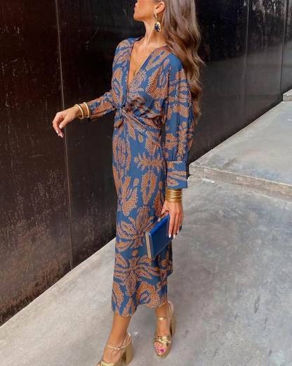 Elegant Printed Maxi Dress for Women with V Neck Long Sleeve Twist Front Flowing Bohemian Style