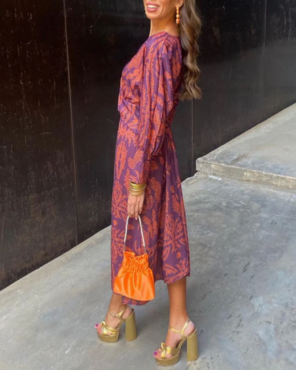 Elegant Printed Maxi Dress for Women with V Neck Long Sleeve Twist Front Flowing Bohemian Style
