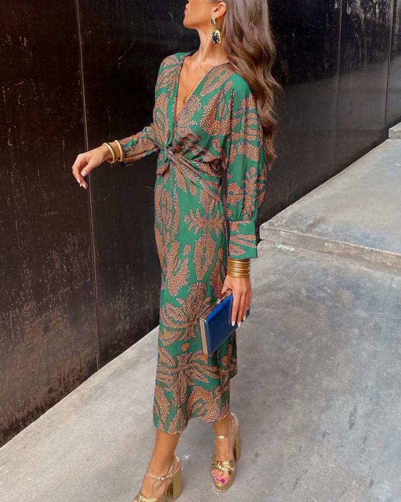 Elegant Printed Maxi Dress for Women with V Neck Long Sleeve Twist Front Flowing Bohemian Style