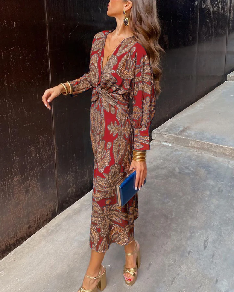 Elegant Printed Maxi Dress for Women with V Neck Long Sleeve Twist Front Flowing Bohemian Style