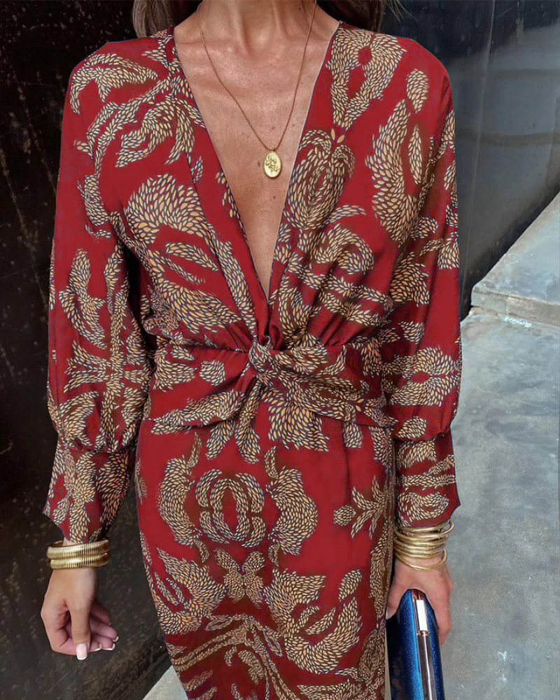 Elegant Printed Maxi Dress for Women with V Neck Long Sleeve Twist Front Flowing Bohemian Style