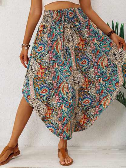 Effortless Multicolor Paisley Maxi Skirt for Women with High Waist Drawstring Handkerchief Hem Bohemian Style