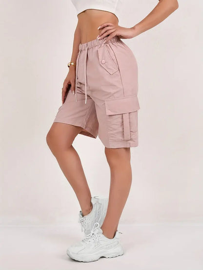 Effortless Pink Cargo Shorts for Women with Elastic Waist Drawstring Flap Pocket Relaxed Casual Style
