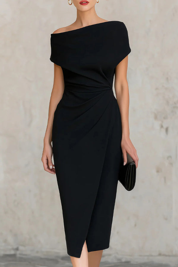 Elegant Draped Midi Dress for Women with Off Shoulder Cap Sleeve Ruched Wrap Bodycon Cocktail Style