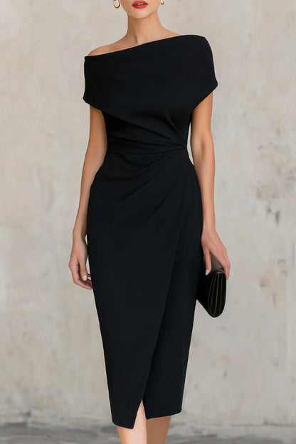 Elegant Draped Midi Dress for Women with Off Shoulder Cap Sleeve Ruched Wrap Bodycon Cocktail Style