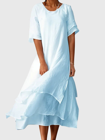 Elegant Chiffon Midi Dress for Women with Round Neck Short Sleeve Tiered Ruffle Formal Wedding Guest Style