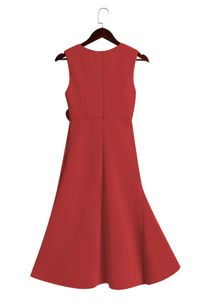 Elegant Draped Midi Dress for Women with Round Neck Sleeveless Asymmetrical Ruffle Flowing Style