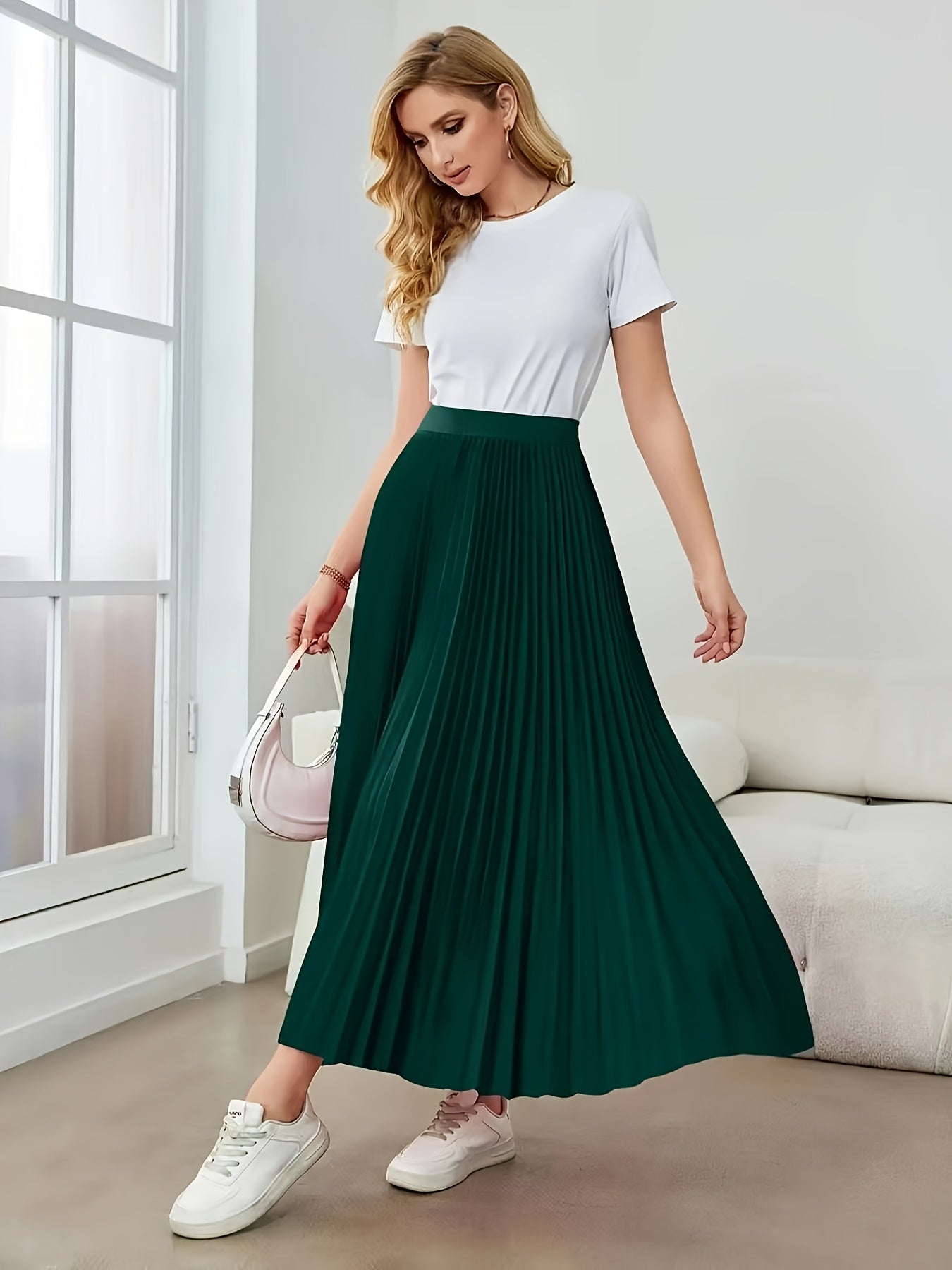 Elegant Dark Green Pleated Maxi Skirt for Women with High Waist A Line Flowing Style