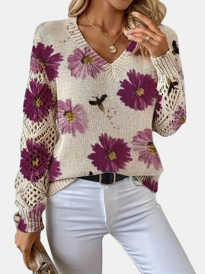 Comfortable Floral Print Sweater for Women with V Neck Long Sleeve Crochet Lace Oversized Knit Style