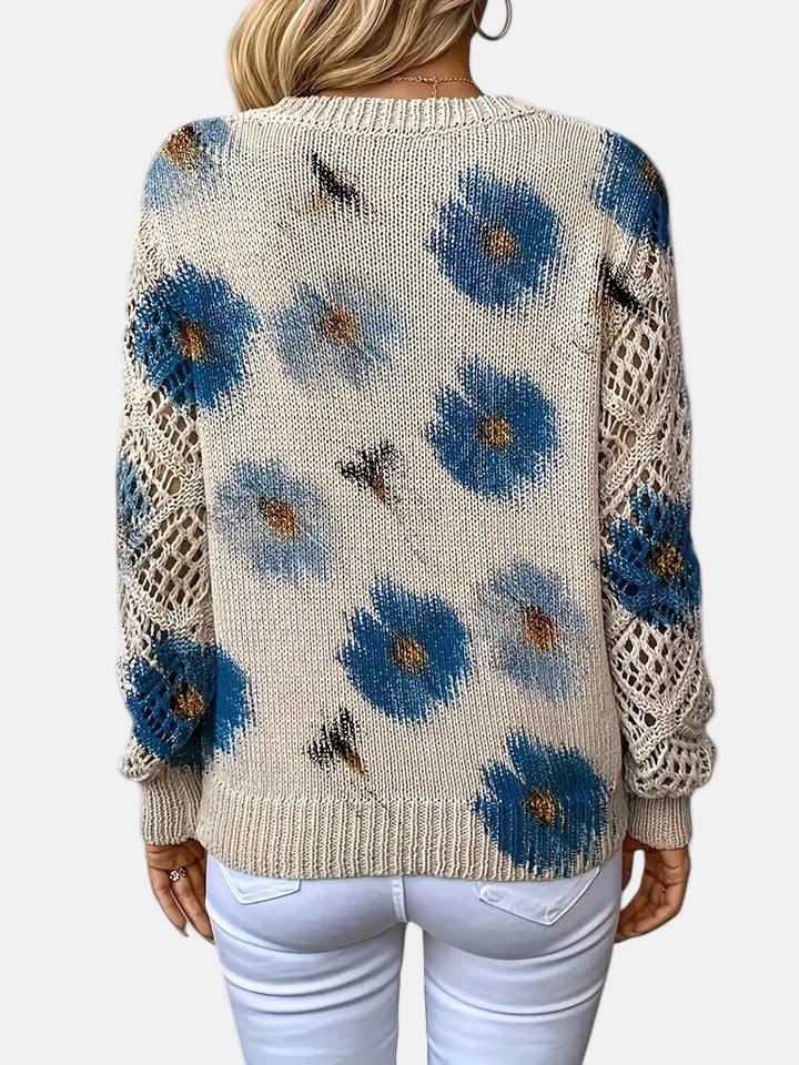 Comfortable Floral Print Sweater for Women with V Neck Long Sleeve Crochet Lace Oversized Knit Style