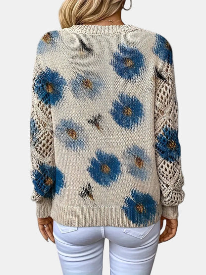 Comfortable Floral Print Sweater for Women with V Neck Long Sleeve Crochet Lace Oversized Knit Style