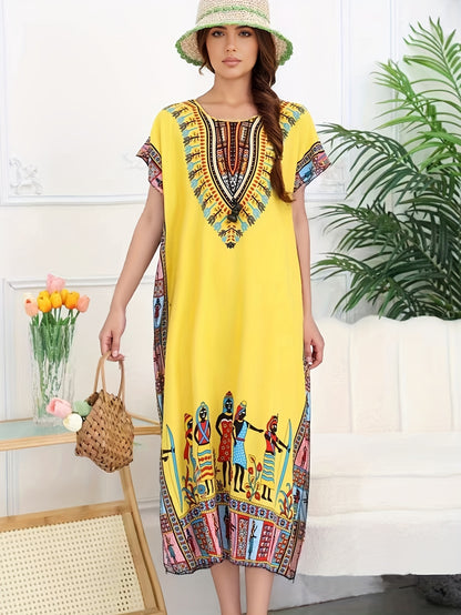 Effortless Dashiki Print Kaftan Dress for Women with V Neck Short Sleeve Relaxed Bohemian Style