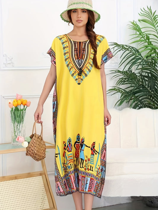 Effortless Dashiki Print Kaftan Dress for Women with V Neck Short Sleeve Relaxed Bohemian Style