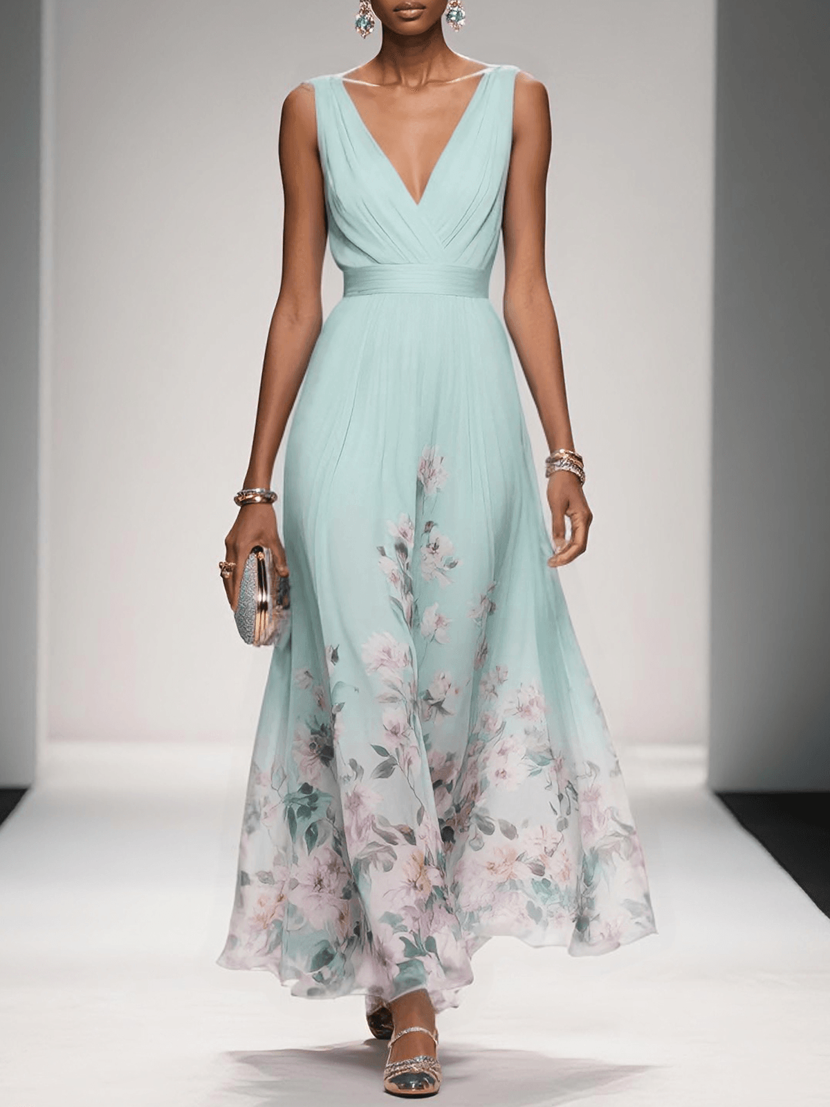 Effortless Floral Chiffon Maxi Dress for Women with V Neck Sleeveless Pleated Flowing Wedding Guest Style