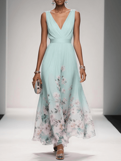 Effortless Floral Chiffon Maxi Dress for Women with V Neck Sleeveless Pleated Flowing Wedding Guest Style
