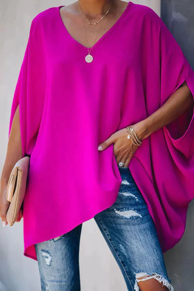 Effortless Poncho Blouse for Women with V Neck Batwing Sleeve Asymmetric High Low Flowing Style