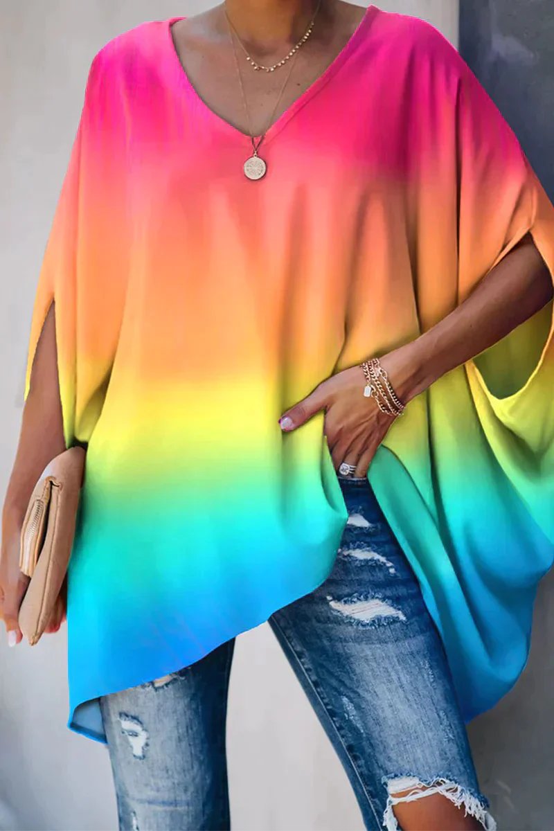 Effortless Poncho Blouse for Women with V Neck Batwing Sleeve Asymmetric High Low Flowing Style