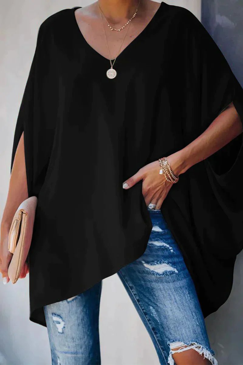 Effortless Poncho Blouse for Women with V Neck Batwing Sleeve Asymmetric High Low Flowing Style