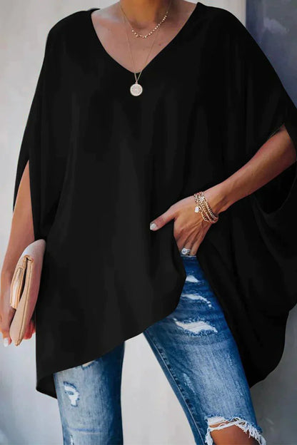 Effortless Poncho Blouse for Women with V Neck Batwing Sleeve Asymmetric High Low Flowing Style