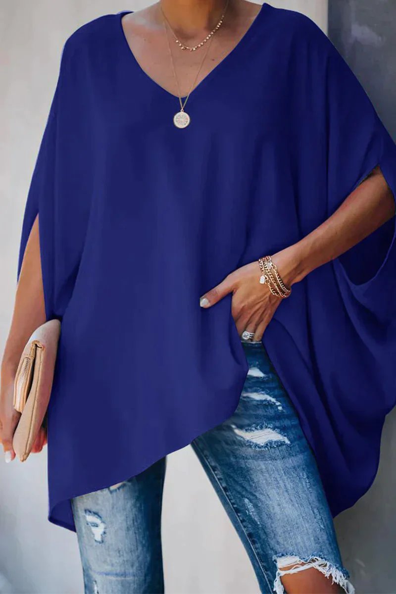 Effortless Poncho Blouse for Women with V Neck Batwing Sleeve Asymmetric High Low Flowing Style