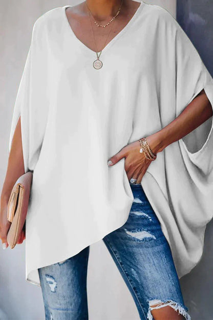 Effortless Poncho Blouse for Women with V Neck Batwing Sleeve Asymmetric High Low Flowing Style