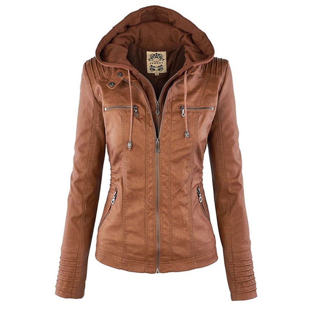 Elegant Faux Leather Moto Jacket for Women with Detachable Hood Long Sleeve Zip Front Casual Style