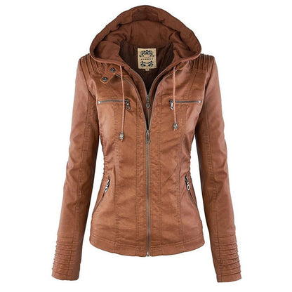 Elegant Faux Leather Moto Jacket for Women with Detachable Hood Long Sleeve Zip Front Casual Style