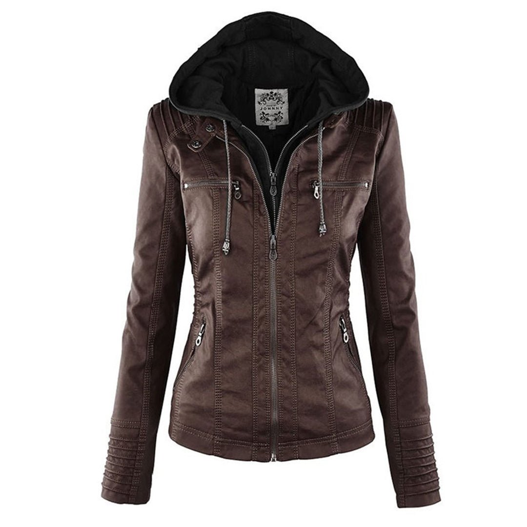 Elegant Faux Leather Moto Jacket for Women with Detachable Hood Long Sleeve Zip Front Casual Style