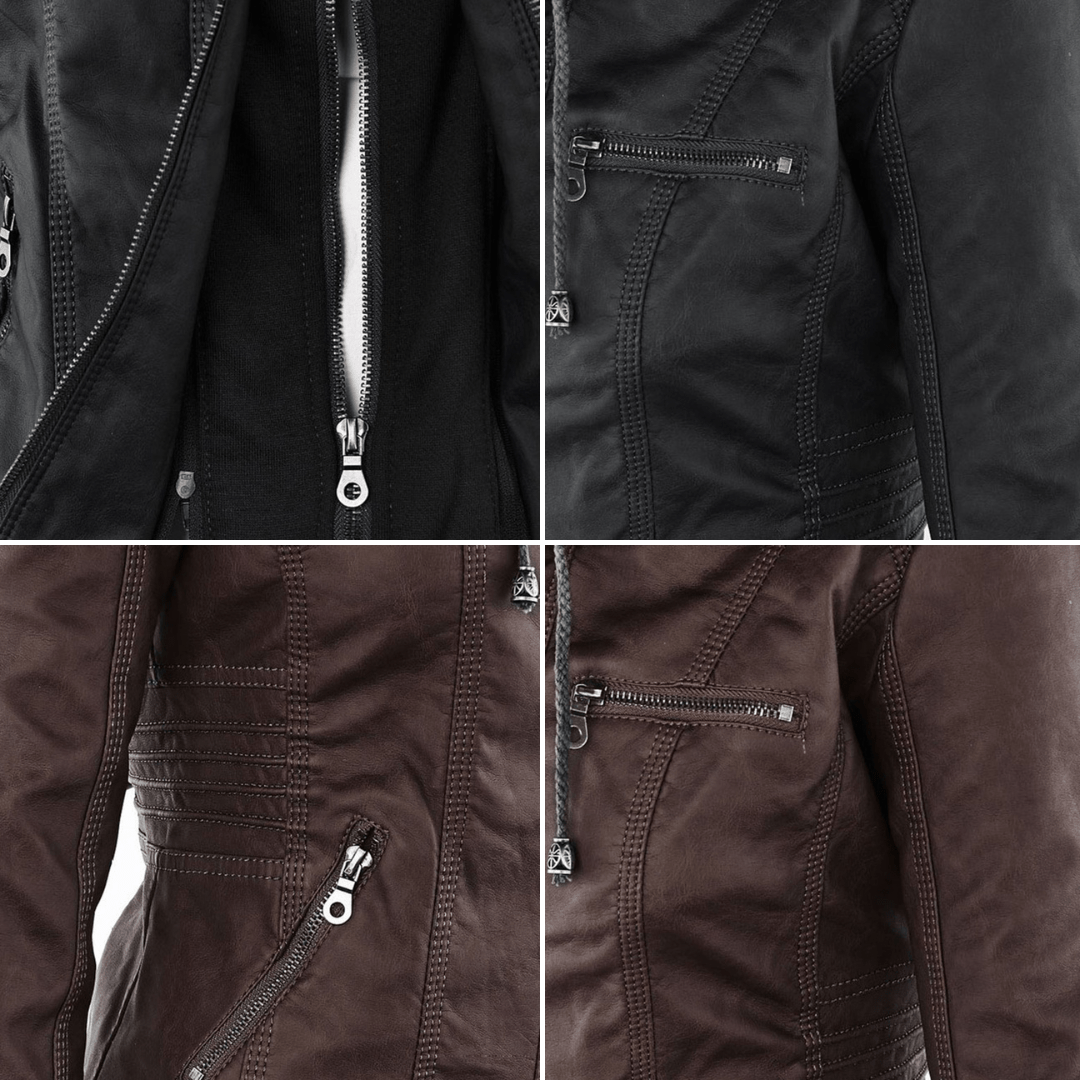 Elegant Faux Leather Moto Jacket for Women with Detachable Hood Long Sleeve Zip Front Casual Style