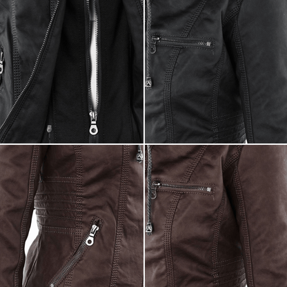 Elegant Faux Leather Moto Jacket for Women with Detachable Hood Long Sleeve Zip Front Casual Style