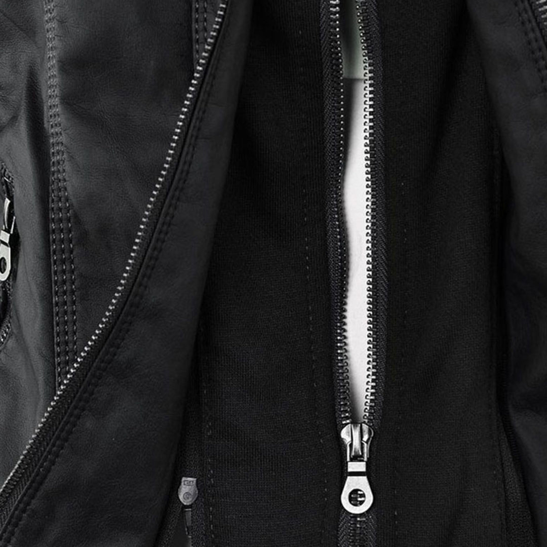 Elegant Faux Leather Moto Jacket for Women with Detachable Hood Long Sleeve Zip Front Casual Style