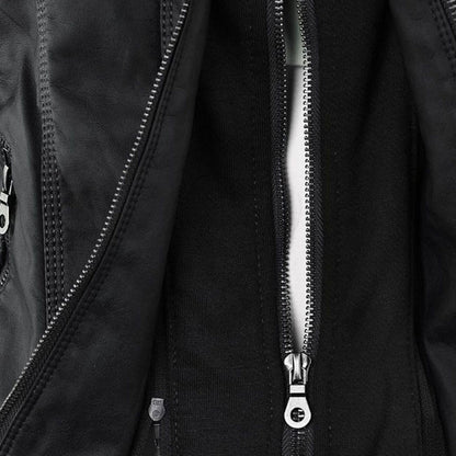Elegant Faux Leather Moto Jacket for Women with Detachable Hood Long Sleeve Zip Front Casual Style