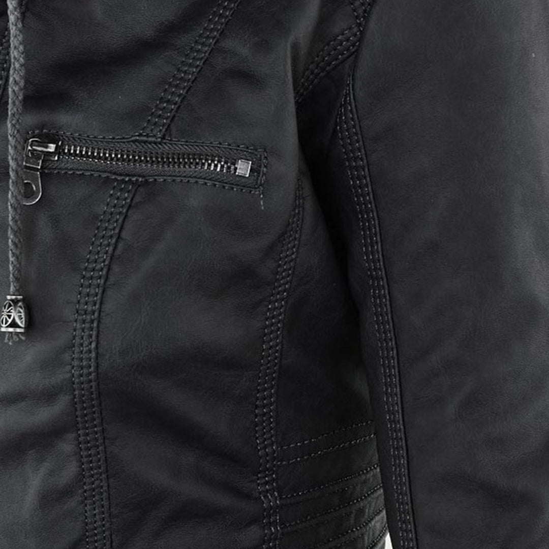 Elegant Faux Leather Moto Jacket for Women with Detachable Hood Long Sleeve Zip Front Casual Style
