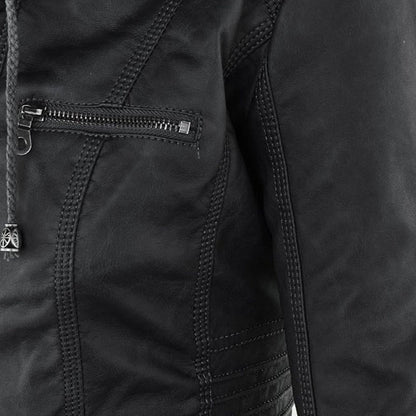 Elegant Faux Leather Moto Jacket for Women with Detachable Hood Long Sleeve Zip Front Casual Style