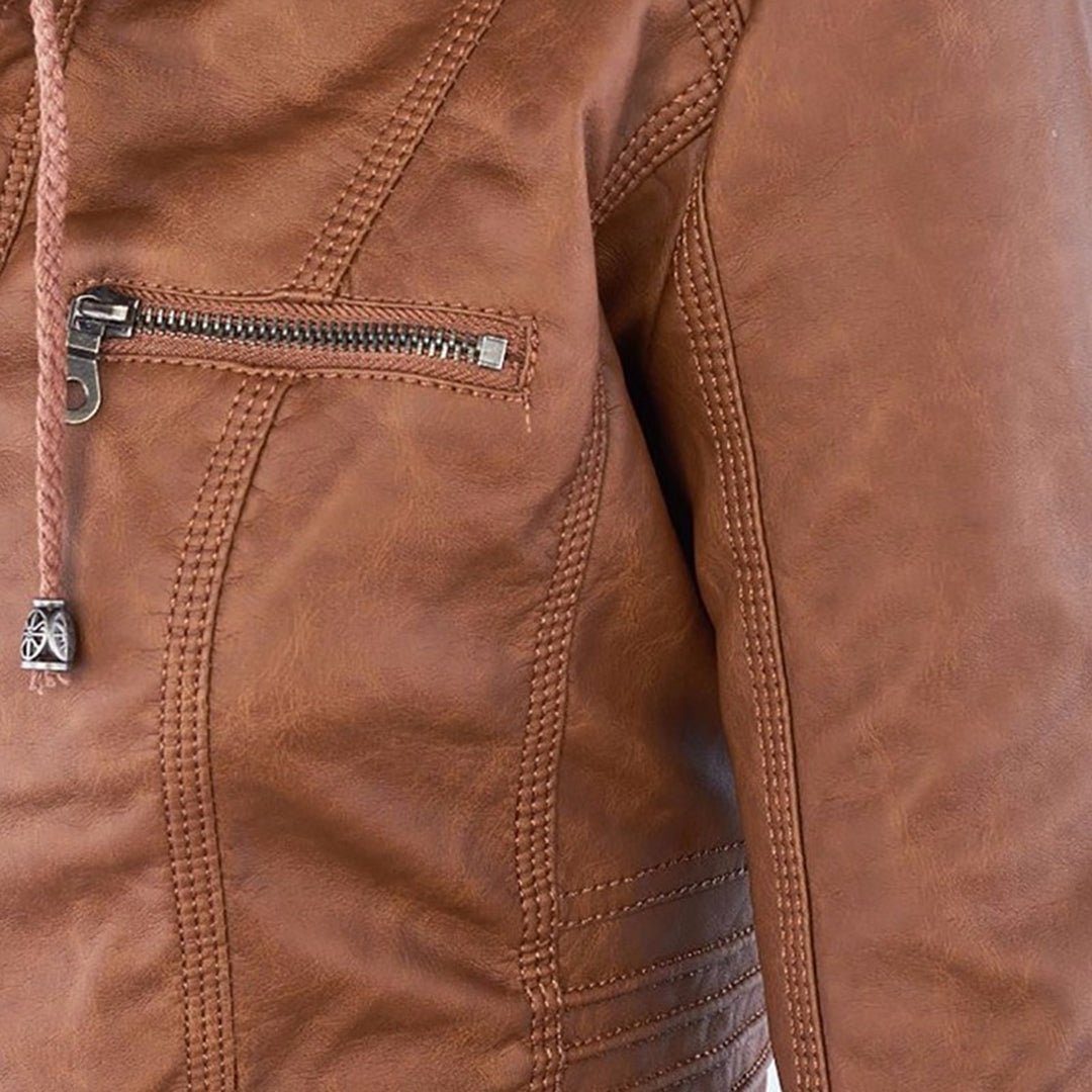 Elegant Faux Leather Moto Jacket for Women with Detachable Hood Long Sleeve Zip Front Casual Style
