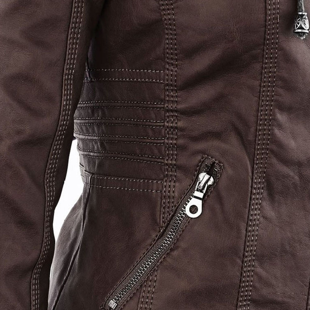 Elegant Faux Leather Moto Jacket for Women with Detachable Hood Long Sleeve Zip Front Casual Style